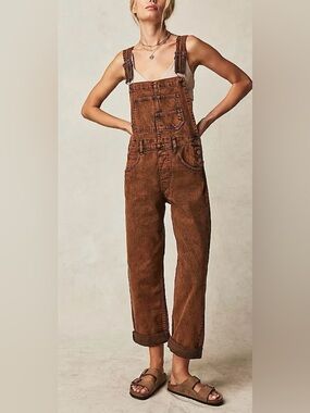Free People Like New We the Free Orange Brown Ziggy Denim Overalls Relaxed Fit S